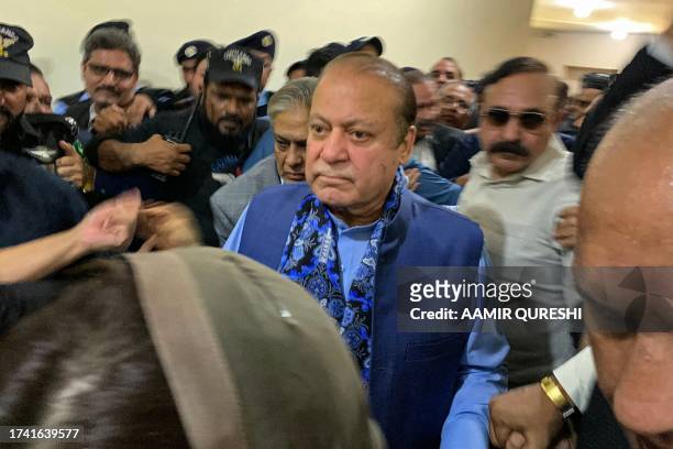 Former Pakistan's Prime Minister and graft convict Nawaz Sharif arrives to appear before the court in Islamabad on October 24, 2023.