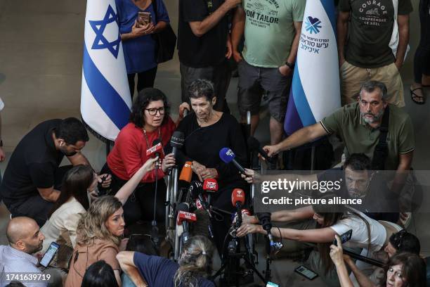 October 2023, Israel, Tel Aviv: Yocheved Lifshitz, one of the two freed hostages, speaks to media in front of Ichilov Hospital, after she was...