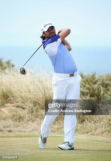 Jason Day of Australia tees off on the 5th during the final round of the 142nd Open Championship at Muirfield on July 21, 2013 in Gullane, Scotland.