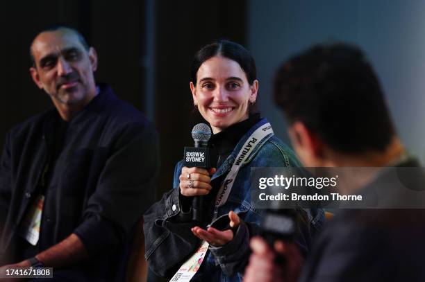 Nina Agzarian speaks during the 'From stadium anthems to locker room motivation: how music and sport fuel each other' featured session at SXSW Sydney...