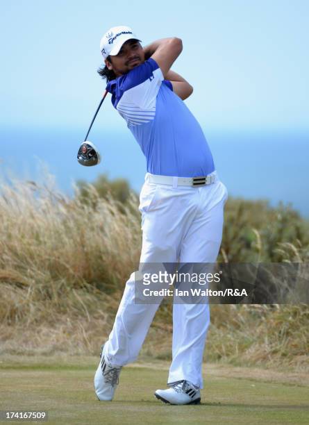 Jason Day of Australia tees off on the 5th hole during the final round of the 142nd Open Championship at Muirfield on July 21, 2013 in Gullane,...