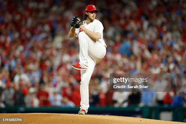 Aaron Nola of the Philadelphia Phillies throws a first inning pitch against the Arizona Diamondbacks during Game Two of the Championship Series at...