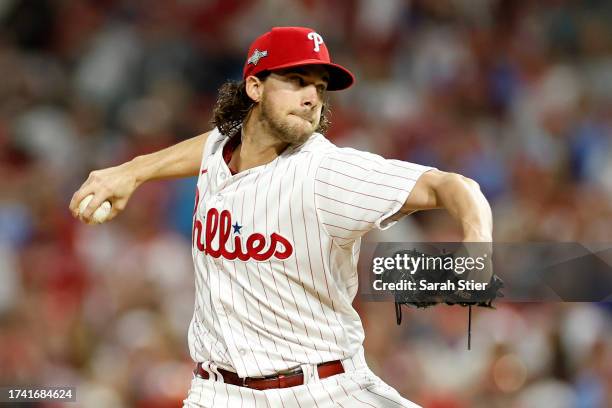 Aaron Nola of the Philadelphia Phillies throws a first inning pitch against the Arizona Diamondbacks during Game Two of the Championship Series at...