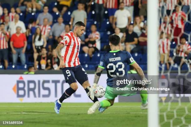 Antonio Sanabria of Paraguay scores the team's first goal during the FIFA World Cup 2026 Qualifier match between Paraguay and Bolivia at Estadio...