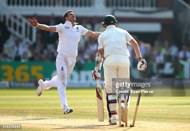 James Anderson of England celebrates after taking the wicket of Peter Siddle of Australia during day four of the 2nd Investec Ashes Test match...