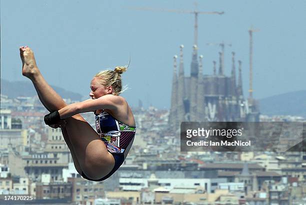Julia Vincent of South Africa competes in the preliminary round of The Women's 1m Springboard at The Piscina Municipal De Montjuic on day two of the...