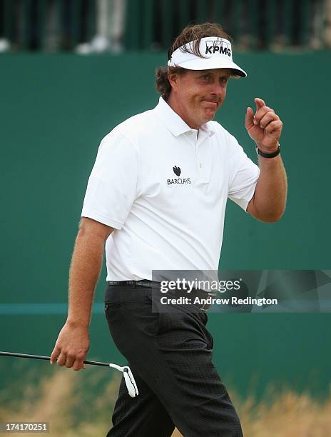 Phil Mickelson of the United States smiles on the 18th green during the final round of the 142nd Open Championship at Muirfield on July 21, 2013 in...