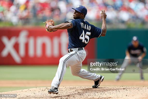 Alfredo Figaro of the Milwaukee Brewers throws a pitch during the game against the Philadelphia Phillies at Citizens Bank Park on June 2, 2013 in...