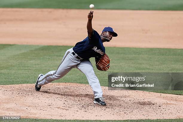 Alfredo Figaro of the Milwaukee Brewers throws a pitch during the game against the Philadelphia Phillies at Citizens Bank Park on June 2, 2013 in...