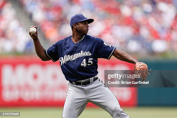 Alfredo Figaro of the Milwaukee Brewers throws the ball to first during the game against the Philadelphia Phillies at Citizens Bank Park on June 2,...