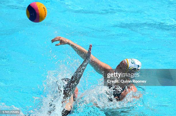 Rowena Webster of Australia passes the ball during the Women's Water Polo first preliminary round match between Australia and New Zealand during Day...