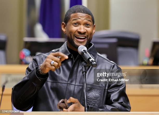 Usher speaks during a ceremony honoring him at Las Vegas City Hall on October 17, 2023 in Las Vegas, Nevada. Usher was given a proclamation and a...