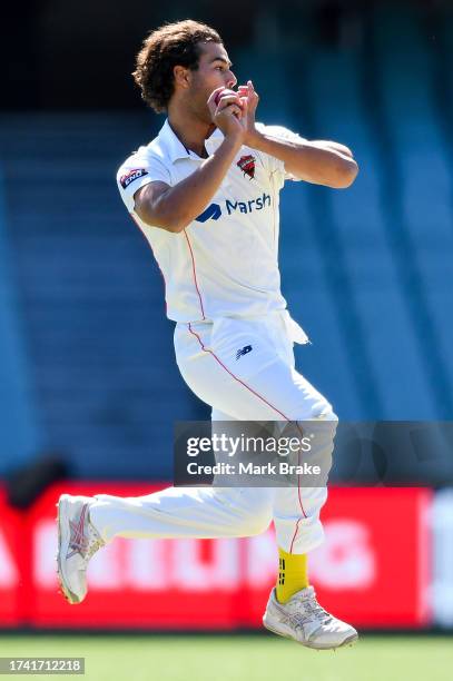 Wes Agar of the Redbacks bowls during the Sheffield Shield match between South Australia and New South Wales at Adelaide Oval, on October 18 in...