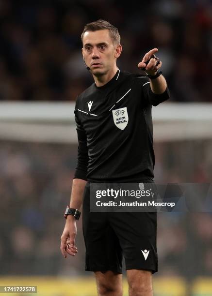 Referee Clement Turpin reacts during the UEFA EURO 2024 European qualifier match between England and Italy at Wembley Stadium on October 17, 2023 in...