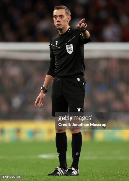 Referee Clement Turpin reacts during the UEFA EURO 2024 European qualifier match between England and Italy at Wembley Stadium on October 17, 2023 in...