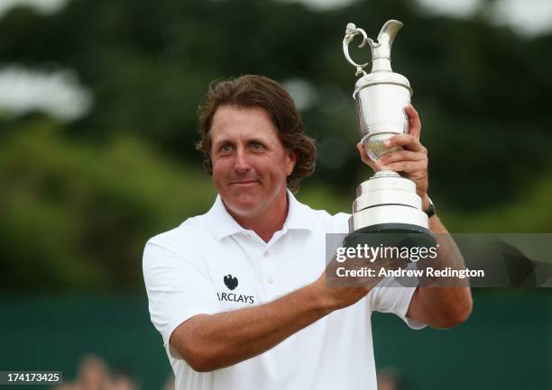 Phil Mickelson of the United States holds the Claret Jug after winning the 142nd Open Championship at Muirfield on July 21, 2013 in Gullane, Scotland.