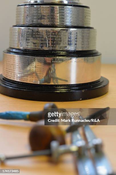 The Claret Jug is engraved with the name of Phil Mickelson of the United States after he won the 142nd Open Championship at Muirfield on July 21,...