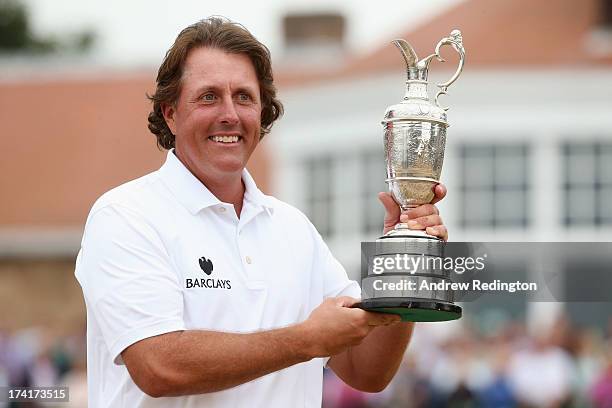 Phil Mickelson of the United States holds the Claret Jug after winning the 142nd Open Championship at Muirfield on July 21, 2013 in Gullane, Scotland.