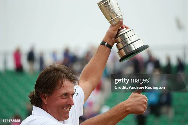 Phil Mickelson of the United States holds the Claret Jug after winning the 142nd Open Championship at Muirfield on July 21, 2013 in Gullane, Scotland.