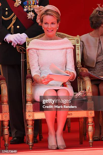 Queen Mathilde of Belgium seen during Civil and Military Parade during the Abdication Of King Albert II Of Belgium, & Inauguration Of King Philippe...