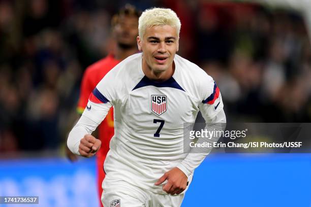 Gio Reyna of the United States celebrates scoring during the first half against Ghana during an international friendly at GEODIS Park on October 17,...