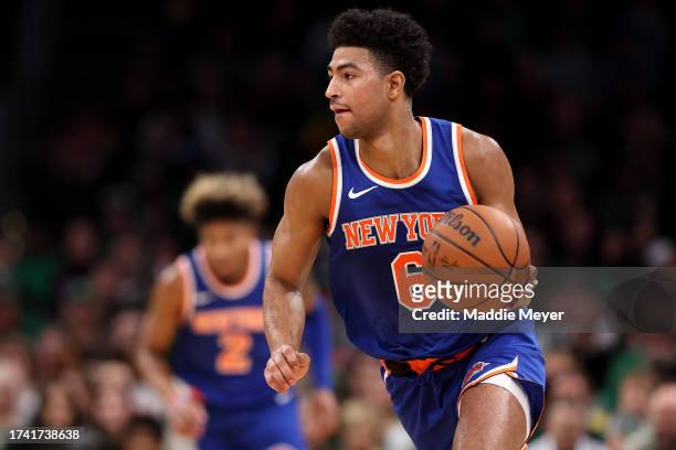 Quentin Grimes of the New York Knicks dribbles during the second quarter of the Celtic's preseason game against the New York Knicks at TD Garden on...