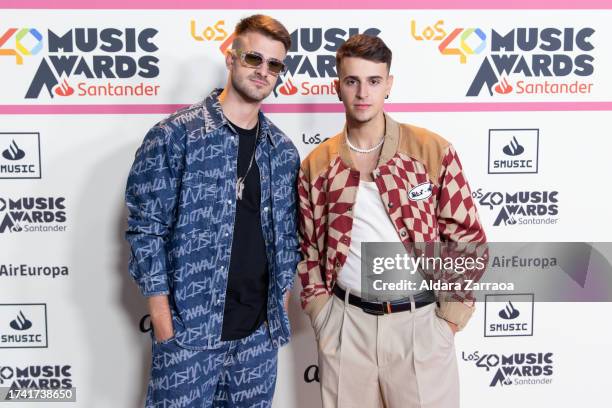 Adexe and Nau attend the "LOS40 Music Awards Santander 2023" Nominees Gala Dinner at Florida Park on October 17, 2023 in Madrid, Spain.