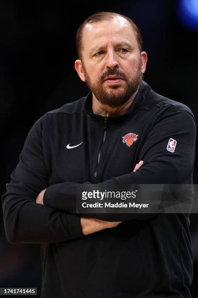 New York Knicks head coach Tom Thibodeau looks on during the second quarter of the Celtic's preseason game against the New York Knicks at TD Garden...
