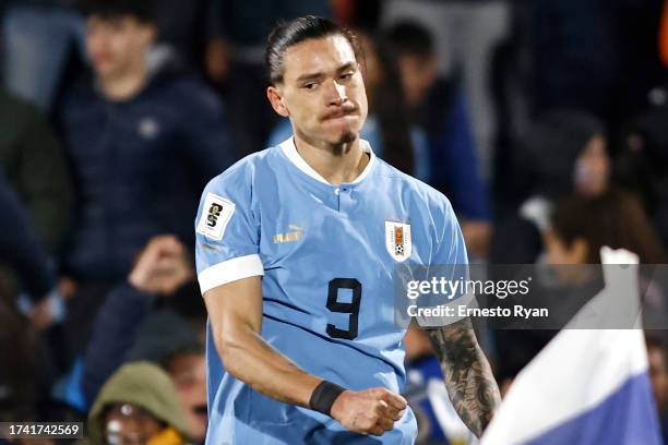 Darwin Nuñez of Uruguay celebrates after scoring the team's first goal during the FIFA World Cup 2026 Qualifier match between Uruguay and Brazil at...