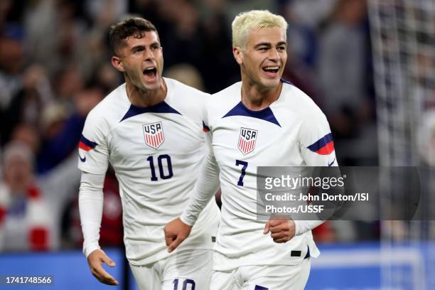 Gio Reyna of the United States celebrates scoring with Christian Pulisic during the first half against Ghana during an international friendly at...