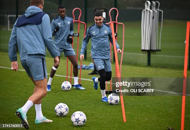 Newcastle United's Paraguayan midfielder Miguel Almiron attends a training session at the team's training facility in Newcastle-upon-Tyne, northeast...