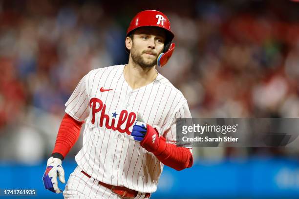 Trea Turner of the Philadelphia Phillies runs to first after hitting his first inning solo home run against the Arizona Diamondbacks during Game Two...
