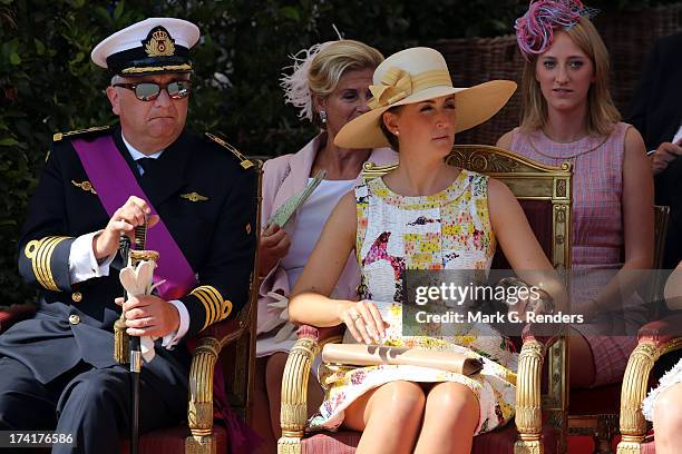 Prince Laurent of Belgium, Princess Claire of Belgium and Princess Luisa Maria of Belgium seen at the Civil and Military Parade during the Abdication...