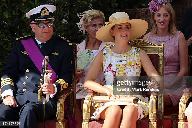 Prince Laurent of Belgium, Princess Claire of Belgium and Princess Luisa Maria of Belgium seen at the Civil and Military Parade during the Abdication...