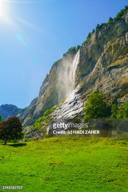 a view of the staubbach falls in lauterbrunnen, switzerland - staubbach falls stock pictures, royalty-free photos & images