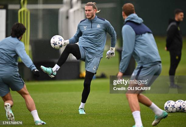 Newcastle United's German goalkeeper Loris Karius attends a training session at the team's training facility in Newcastle-upon-Tyne, northeast...