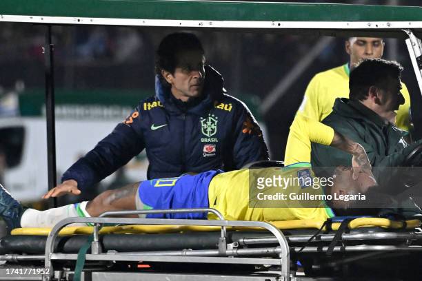 Neymar Jr. Of Brazil reacts after being injured during the FIFA World Cup 2026 Qualifier match between Uruguay and Brazil at Centenario Stadium on...
