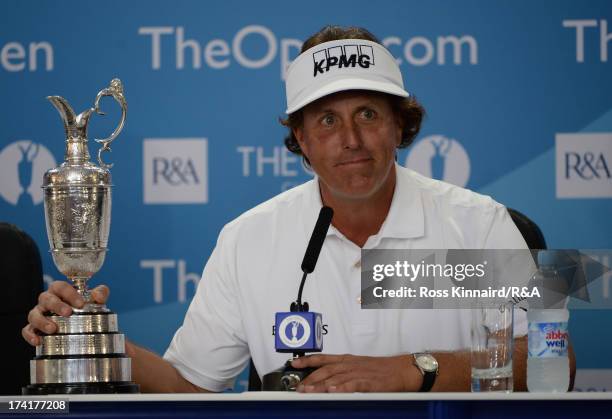 Phil Mickelson of the United States talks to the media after his victory during the final round of the 142nd Open Championship at Muirfield on July...