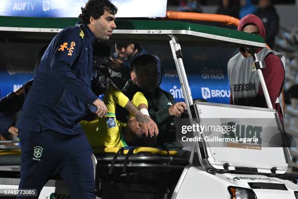 Neymar Jr. Of Brazil reacts after being injured during the FIFA World Cup 2026 Qualifier match between Uruguay and Brazil at Centenario Stadium on...