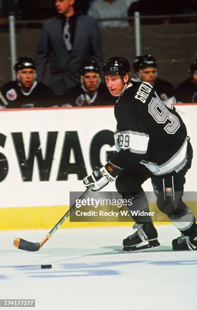 Wayne Gretzky of the Los Angeles Kings in action against the San Jose Sharks at the Cow Palace during the 1992 - 1993 season in San Francisco,...