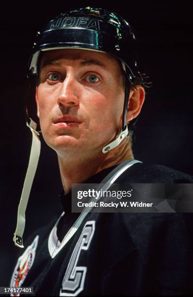 Wayne Gretzky of the Los Angeles Kings in action against the San Jose Sharks at the Cow Palace during the 1992 - 1993 season in San Francisco,...