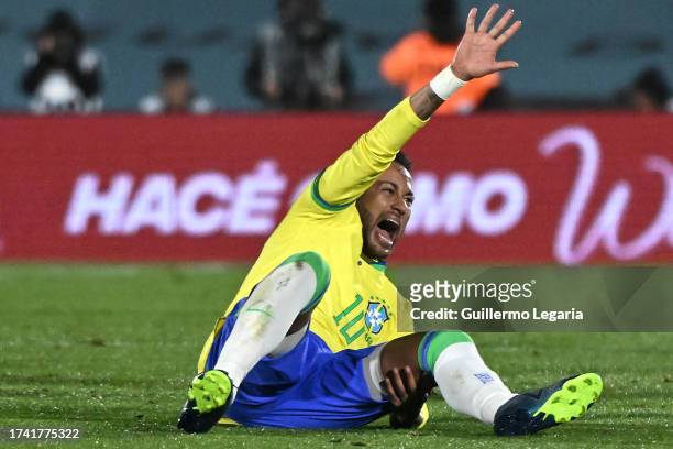 Neymar Jr. Of Brazil reacts after being injured during the FIFA World Cup 2026 Qualifier match between Uruguay and Brazil at Centenario Stadium on...