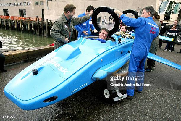 Graham Hawkes is helped out of the Deep Flight Aviator, a state-of-the-art winged submersible designed to fly underwater, after a test run January...