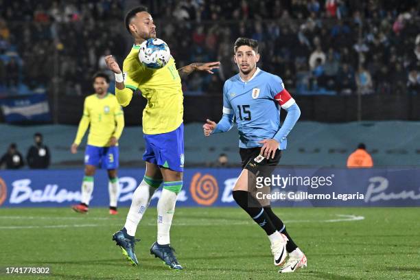 Neymar Jr. Of Brazil controls the ball as Federico Valverde of Uruguay looks on during the FIFA World Cup 2026 Qualifier match between Uruguay and...