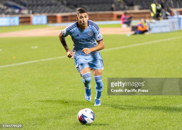 Julian Fernandez of NYCFC controls the ball during the last game of the MLS regular season against Chicago Fire FC at Citi Field. NYCFC won the game...