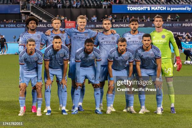 Starting eleven pose before the last game of the MLS regular season against Chicago Fire FC at Citi Field. NYCFC won the game 1 - 0. Both teams were...