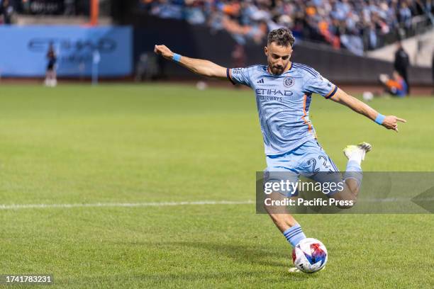 Kevin O'Toole of NYCFC shoots on goal during the last game of the MLS regular season against Chicago Fire FC at Citi Field. NYCFC won the game 1 - 0....