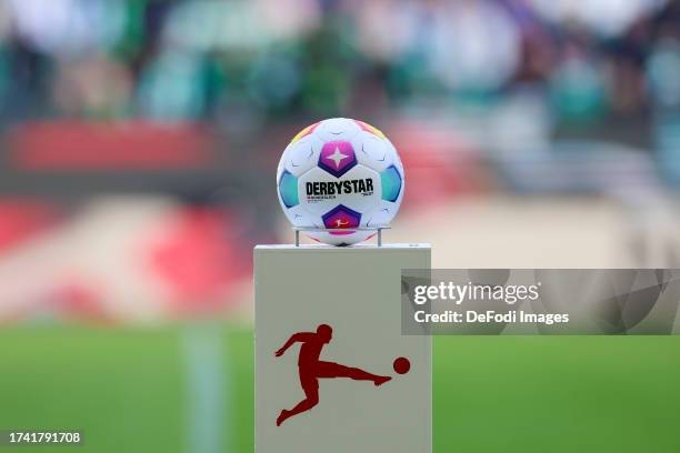 The match ball of the company Derbystar prior to the Bundesliga match between VfL Wolfsburg and Bayer 04 Leverkusen at Volkswagen Arena on October...