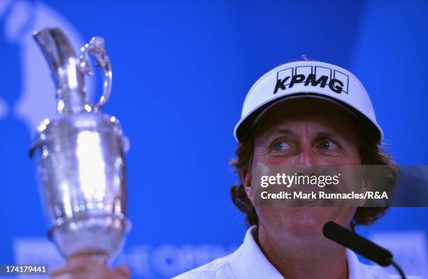 Phil Mickelson of the United States speaks to the media after winning the 142nd Open Championship at Muirfield on July 21, 2013 in Gullane, Scotland.