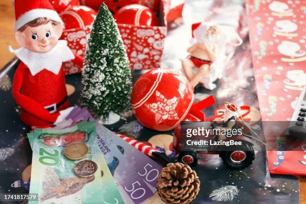 saving for / cost of christmas concept - nzd new zealand dollars - new zealand money stockfoto's en -beelden